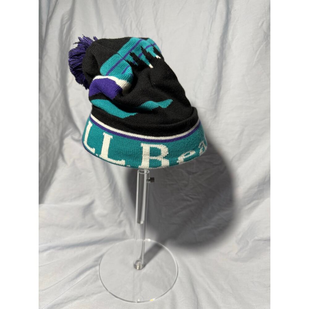 L.L.Bean Vintage Pom Beanie Teal Purple Black Mountain Knit Winter Hat - Picture 6 of 8